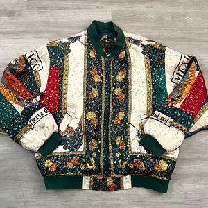 MENS VINTAGE VIRGIN MARY 100% SILK Multicolor Patterned Bomber Jacket